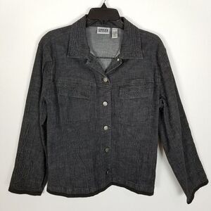 Chico's Women Denim Embellished Jacket size 2 US L Black Cotton Blend Button Up